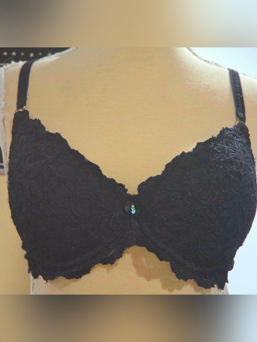 34D Lace Underwire Padded Push-up Bra in Black With Bling
